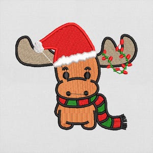 Christmas Moose Embroidery Design, Cute Reindeer with Santa Hat and Scarf, Machine Embroidery File, Instant Download Dst Pes Exp Jef Vp3