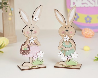 Personalized Wooden Easter Bunny Decor, Custom Name Easter Table Centerpiece, Spring Bunny Gift for Kids, Easter Basket Decor