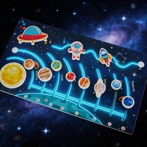 May include: A wooden space-themed puzzle with planets, an astronaut, a rocket, and a UFO. The planets are arranged along a glowing blue path on a dark blue background. The puzzle is designed for educational play.