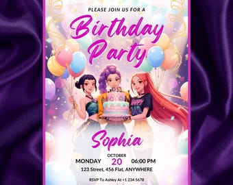 Bearbeitbare K-Pop Geburtstagseinladung | Anime Girls Party (Canva Vorlage)
