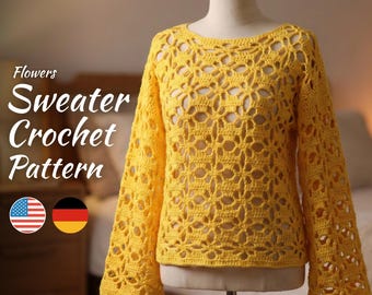 Gehäkelte Blumen Pullover Muster | Filigranes Blumenmuster (PDF)