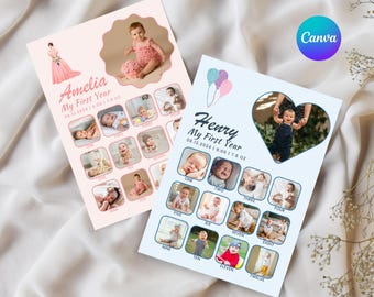 Bearbeitbare Baby erste Jahr Fotocollage, 1. Geburtstag Meilensteintafel (Canva Vorlage)