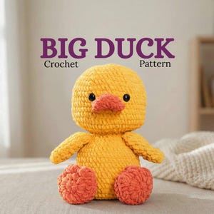 Large amigurumi duck crochet pattern finished sample in soft butter yellow with peach beak and coral feet sitting on a neutral linen backdrop, close up of stitches and shaping to show texture; handmade plush toy photographed to illustrate finished size (about 38 cm tall); pattern PDF includes step-by-step rounds, materials, and assembly photos for beginners and intermediate crocheters.