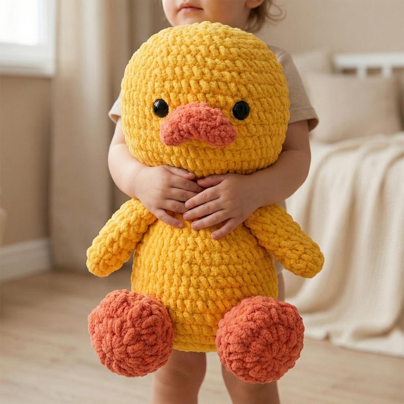Op de afbeelding: Een grote, handgemaakte gele gehaakte eend knuffel met oranje voeten en snavel. De eend heeft zwarte knoopogen en wordt door een persoon vastgehouden. Het pluche speelgoed is zacht en getextureerd, ideaal voor een kinderkamer.