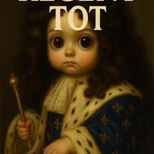 Può includere: Una stampa d'arte digitale raffigurante un bambino in abiti reali. L'immagine ha il testo "REGENT TOT" in alto. Il bambino indossa una veste blu e oro e tiene in mano uno scettro d'oro. Il testo "This nursery print is slide 2." è in basso.