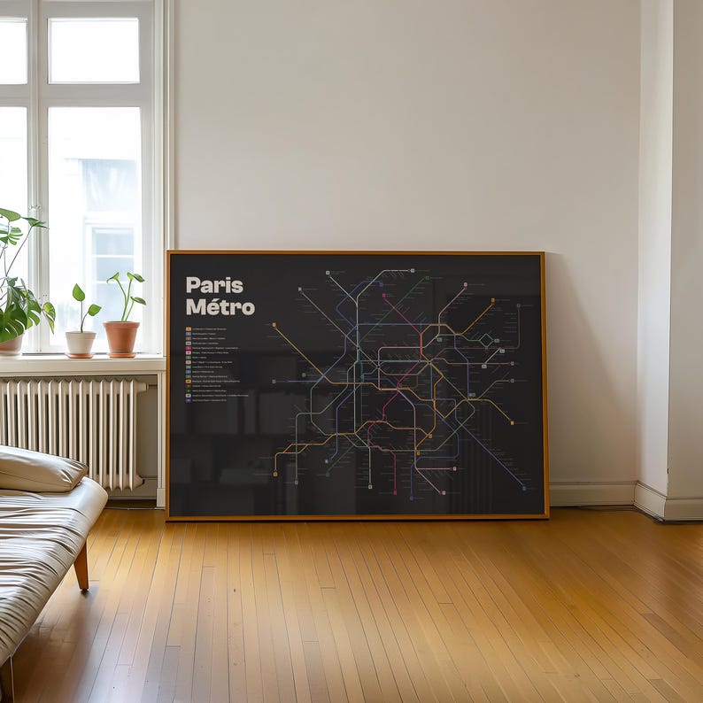 Paris Metro Map Print – Modern Minimalist Subway Poster of Paris Métro ...