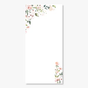 May include: A white background with a floral border. Pink and white flowers with green leaves are arranged in the top left and bottom right corners of the image.