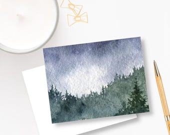 Watercolor Dark Pine Forest Note Cards, Set of 10 Notes