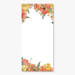 May include: A floral border with orange and yellow flowers, green leaves, and a white background.