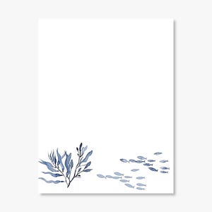 May include: Watercolor illustration featuring a white background with blue aquatic elements. A cluster of blue seaweed is on the left, and a school of small blue fish swims on the right. The artwork has a minimalist, nautical theme.