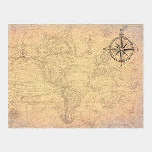 May include: A rectangular wall art print featuring a vintage-style world map with a weathered, sepia-toned parchment texture. The map displays continents and oceans with fine black lines and includes a prominent black compass rose in the upper right.