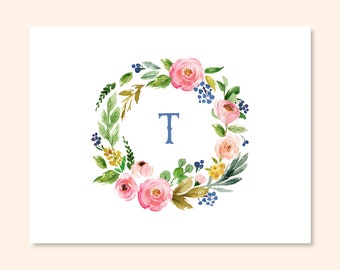 Monogrammed Floral Wreath Note Cards/Set of 10 Notes