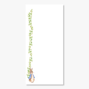 May include: A white background with a green vine border on the left side. A brown rabbit with a blue jacket is at the bottom of the vine.