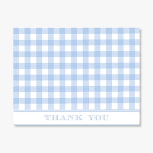 May include: A light blue gingham thank you card with a white border and the text "THANK YOU" in a serif font.