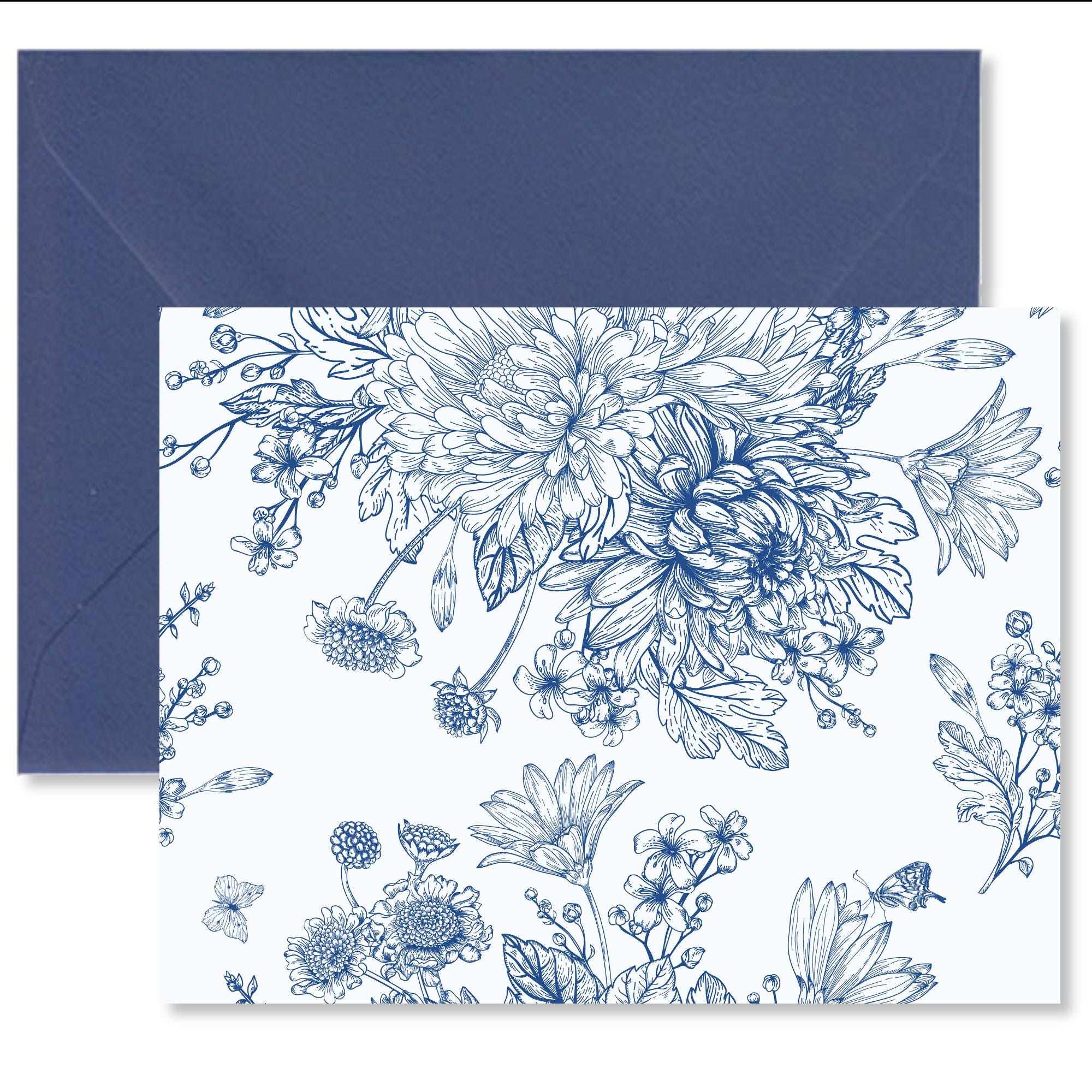 Blue Floral Line Art Note Cards, Notes for Summer, Ten to a Set - Etsy