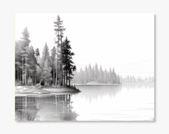 Black and White Watercolor Forest and Lake Landscape Notecards/ 10 to a Set