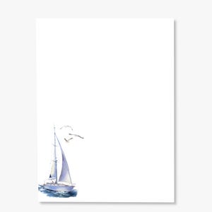 May include: A watercolor painting of a sailboat with white sails on a blue body of water.  Two seagulls fly above the boat.
