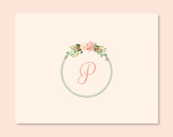 Personalized Peach Floral Wreath Monogrammed/ Set of 10 Notes