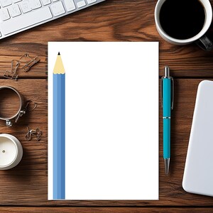 May include: A top-down view of a wooden desk with office supplies. A white sheet of paper has a blue pencil graphic. A teal pen, a cup of coffee, a keyboard, and other office supplies are also on the desk.