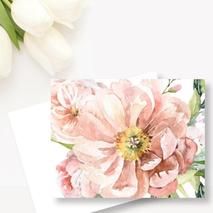 May include: A watercolor painting of a bouquet of pink and peach flowers with green leaves. The flowers are arranged in a loose, natural style. The background is white.