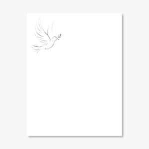 May include: A minimalist illustration of a dove in flight, rendered in a soft gray hue. The dove is depicted with outstretched wings, carrying an olive branch in its beak, set against a clean white background. The artwork evokes themes of peace and serenity.