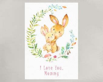 Watercolor Illustrated Mother's Day Card/Mama and Baby Bunny