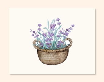 Watercolor Lavender Flower Folded Notecards - Botanical Potted Florals/Set of 10