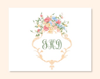 Floral Crest Monogrammed Note Cards/Monogrammed Notes/Ten Notes to a Set