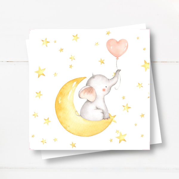 Baby Elephant on Moon with Pink Balloon Folded Gift Enclosure Card/Envelope Included