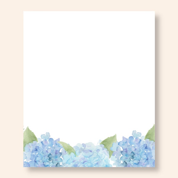 Blue Hydrangea Watercolor Border Note Pad//50 Sheets/Stocking Stuffer