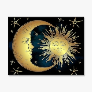 May include: A gold crescent moon and sun with faces on a dark blue background with gold stars. The moon is on the left and the sun is on the right.