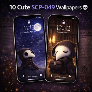 May include: Two smartphones displaying SCP-049 wallpapers. One shows a night sky with a moon, the other a library with candles. Each features a cartoon plague doctor character. Text reads "10 Cute SCP-049 Wallpapers."