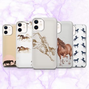 May include: A collection of five phone cases with various horse-themed designs. The cases feature illustrations of running horses, a cowboy riding a bucking bronco, and a silhouette of horses at sunset. The cases are in neutral tones.