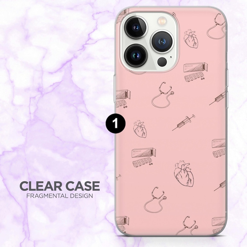 May include: A clear phone case featuring a pink backdrop adorned with a repeating pattern of medical illustrations, such as hearts, stethoscopes, syringes, and pill packs. The case has the text "CLEAR CASE FRAGMENTAL DESIGN".