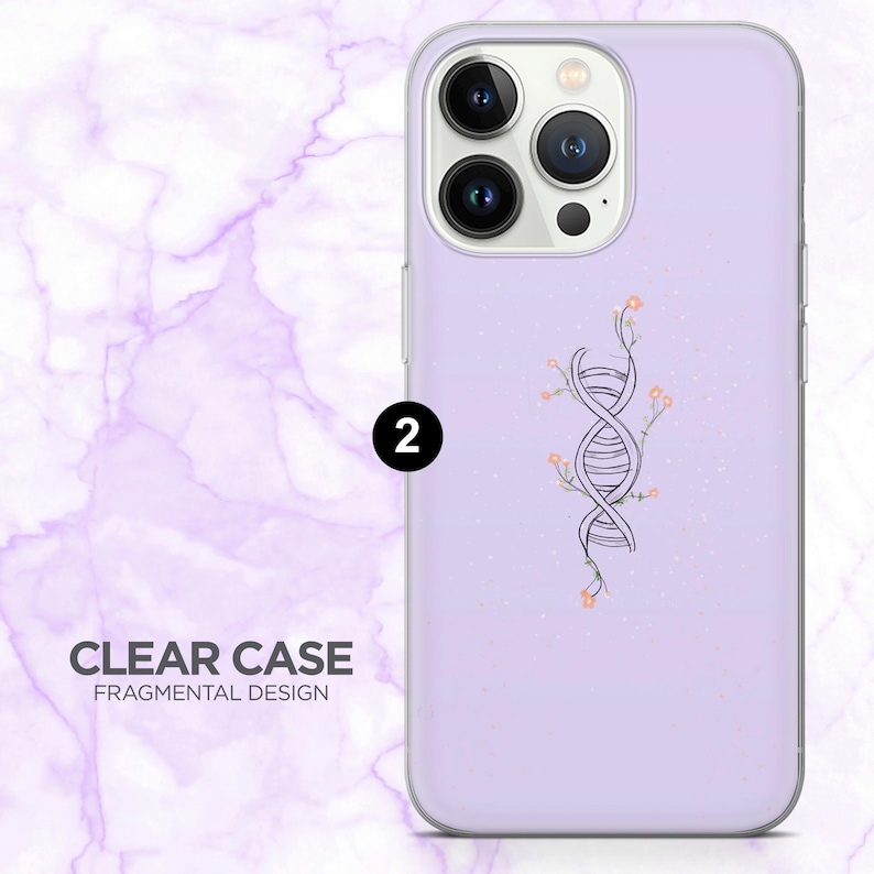 May include: A clear phone case with a lilac background and a DNA strand design with small orange flowers. The case has the text "CLEAR CASE FRAGMENTAL DESIGN". The phone case is designed for a smartphone.