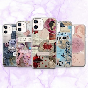 May include: Five phone cases with individual designs. Each case has a clear border and a collage of images, including zodiac symbols, celestial bodies, and text. The colour scheme includes blues, pinks, and creams.