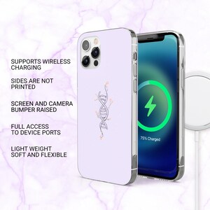 May include: A light purple phone case featuring a DNA strand design and the text "SUPPORTS WIRELESS CHARGING", "SIDES ARE NOT PRINTED", "SCREEN AND CAMERA BUMPER RAISED", "FULL ACCESS TO DEVICE PORTS", and "LIGHT WEIGHT SOFT AND FLEXIBLE". The phone screen displays a charging icon.