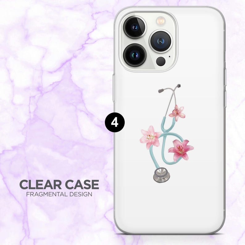 May include: Clear phone case with a floral stethoscope design. The case features a light blue stethoscope with pink lily flowers. The text "CLEAR CASE FRAGMENTAL DESIGN" is printed on the lower left.