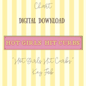 May include: Digital download chart for a needlepoint or cross stitch project. The design features the text "HOT GIRLS HIT CURBS" in pink and yellow. The background is a striped pattern of yellow and white.