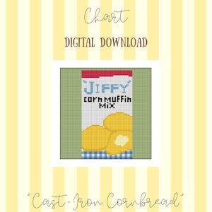 Op de afbeelding: Digitale download van een kruissteekpatroon. De afbeelding toont een gepixeld beeld van een Jiffy-maïsmixdoos met gele maïsbroodmuffins. De tekst "Cast-Iron Cornbread" staat onder de afbeelding.