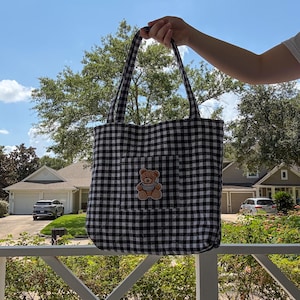 Black Gingham Teddy Bear Tote Purse Bag, Cute Durable Handmade