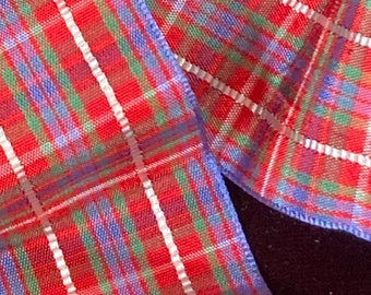 SOLD 2 pieces Antique French VIntage Ribbon Millinery Trim Red + Blue Plaid