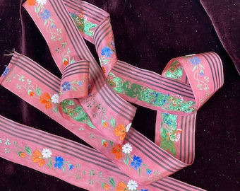 SOLD 2 pieces Antique French Vintage Ribbon Rose with Orange, Green, Blue
