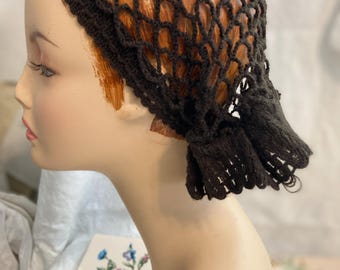 Antique + Vintage Brown crochet Cap with drawstring ties