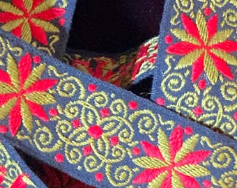 Vintage French Jacquard Ribbon: Black Woven Trim with Red, Green & Gold Flowers