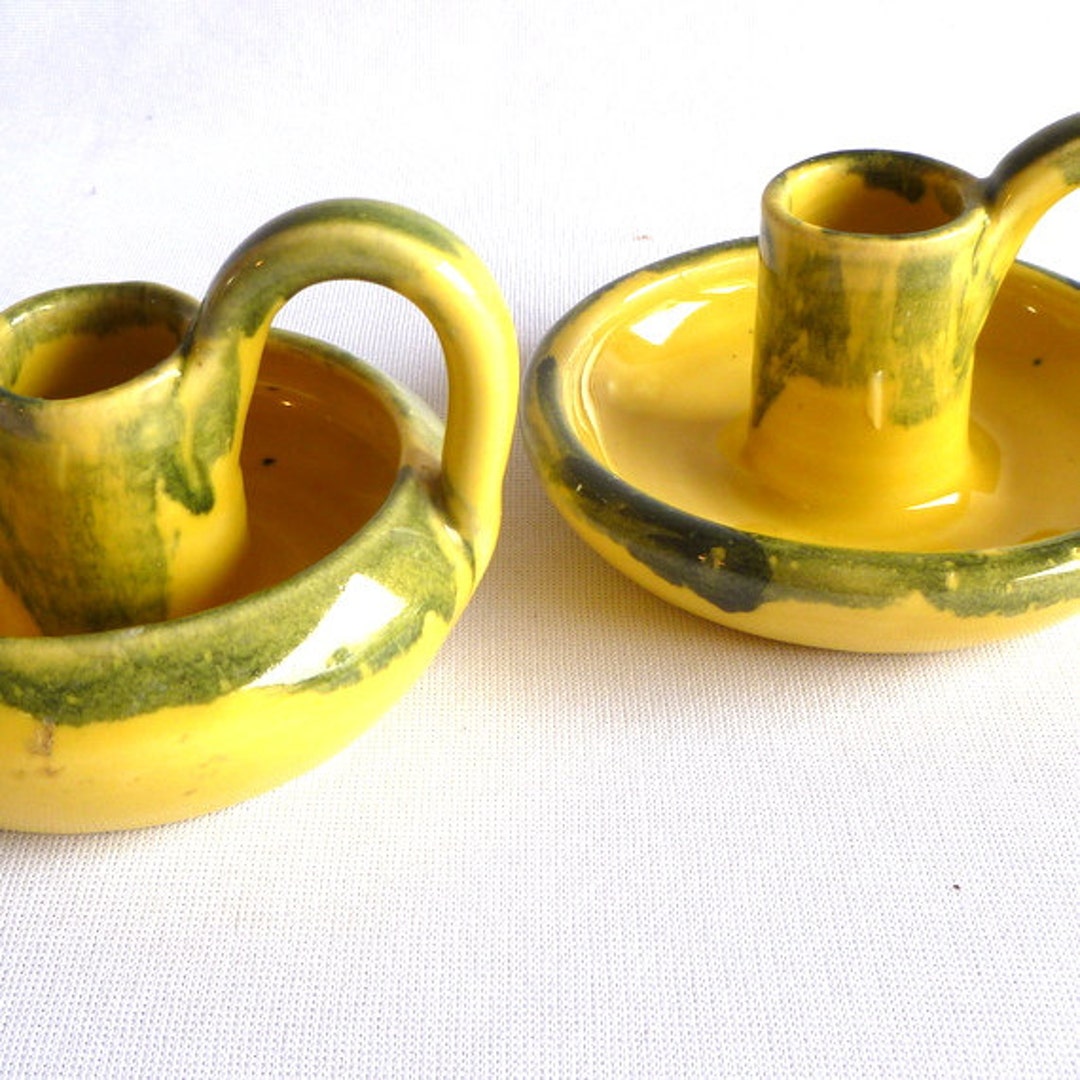 VINTAGE Primitive Yellow CANDLE HOLDERS/ Set of 2 Etsy