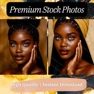 May include: Two portraits of a woman with dark skin and bright blue eyes. The woman is touching her face with her hands. The image has the text "Premium Stock Photos" and "High Quality | Instant Download".