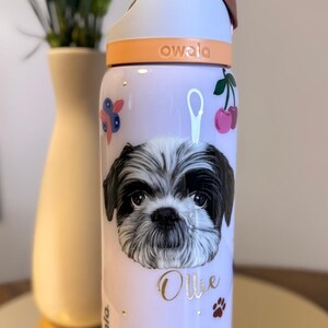 May include: A light purple Owala water bottle featuring a Shih Tzu dog portrait, the name "Ollie", cherries, paw prints, and floral accents. The bottle has a white and orange lid.