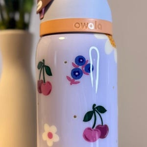 May include: A light purple Owala water bottle with a white lid and handle. The bottle is decorated with cherries, blueberries, and white flowers. The word "owala" is printed on the bottle.