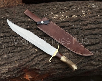 Handmade D2 Steel Bowie Knife: Stag Handle, Leather Sheath